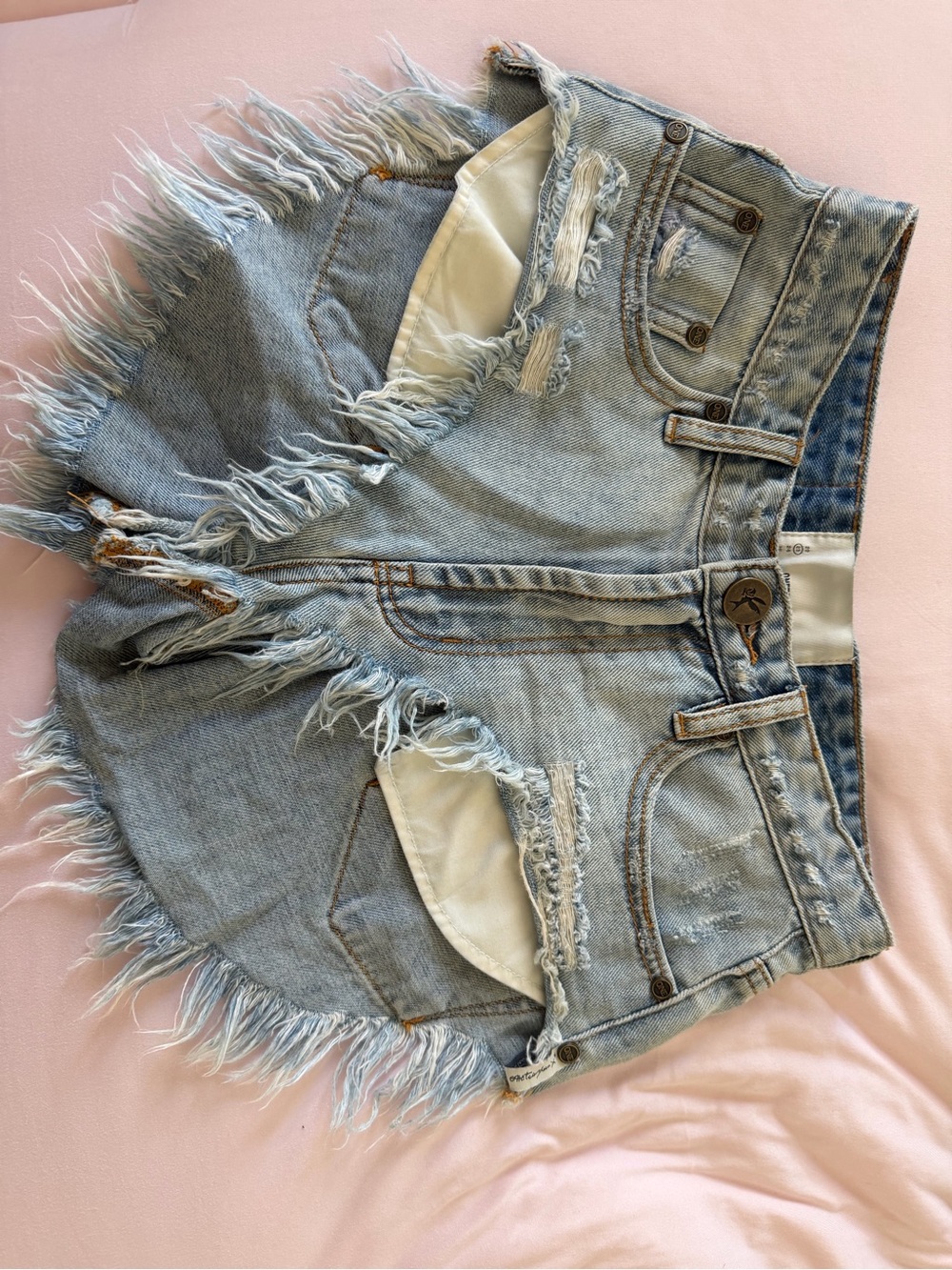 One Teaspoon Distressed Light Blue "Rollers" Denim Shorts